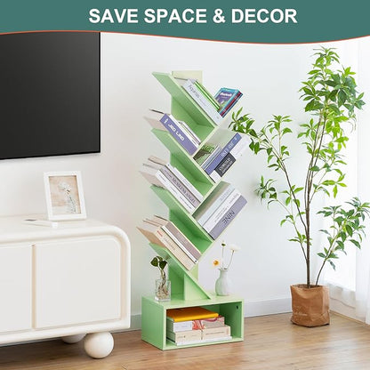 Yoobure Tree Bookshelf - 6 Shelf Retro Floor Standing Bookcase, Tall Wood Book Storage Rack for CDs/Movies, Utility Book Organizer Shelves for Bedroom, Living Room, Home Office Green