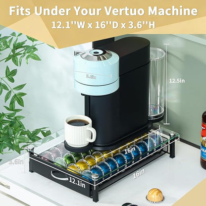 FlagShip Vertuo Pod Holder with Tempered Glass Top,Compatible for Nespresso VertuoLine Pods,Holds up to 40 Big Vertuo Pods,Smooth Pull-Out Design,Fits Under Coffee Makers (12.1''W x 16''D x 3.6''H)