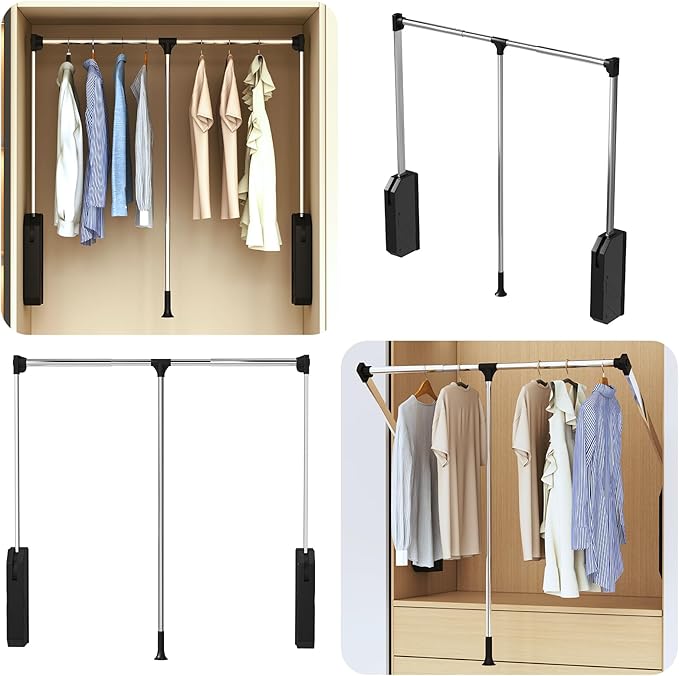 Pull Down Closet Rod - Adjustable 26-35 Inch Heavy Duty Hanging Rod with Soft-Close, Side & Back Mounted, 60 lbs Capacity for Closet & Wardrobe Organization
