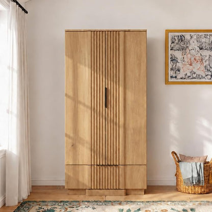 Yechen 67" Fluted Armoire Wardrobe Closet with Doors and Drawer, Wooden Wardrobe Closet Cabinet with Adjustable Shelve, Modern Small Armoires Storage Clothes, Coats for Bedroom, Natural