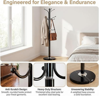 Kertnic Freestanding Coat Rack Stand, Heavy Duty Metal Hall Tree with 12 Hooks, 70 Inch Tall Stable Coat Hanger with 14.6" Natural Marble Base, Entryway Organizer for Coats Bags Hats Purses (Black)
