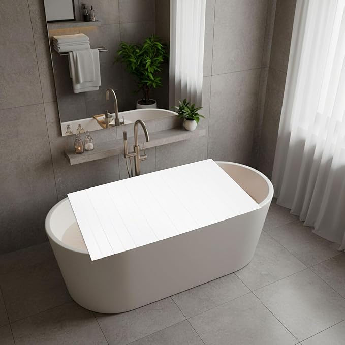 White Wood Grain Foldable Bathtub Cover, PVC Waterproof Dustproof Bath Tub Lid, Heat Preservation Bathroom Tub Tray for Home Hotel Spa (70.87×31.50×0.26)