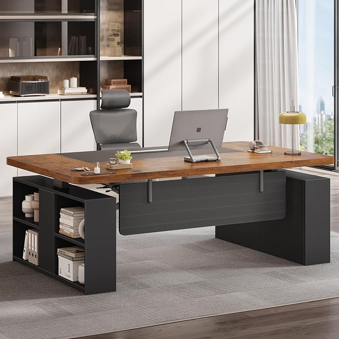 SEDETA 63" Executive Standing Desk with Storage, Executive Height Adjustable Desk with Power Outlets, Large Computer Office Desk with Privacy Panel for Home Office, Rustic Brown