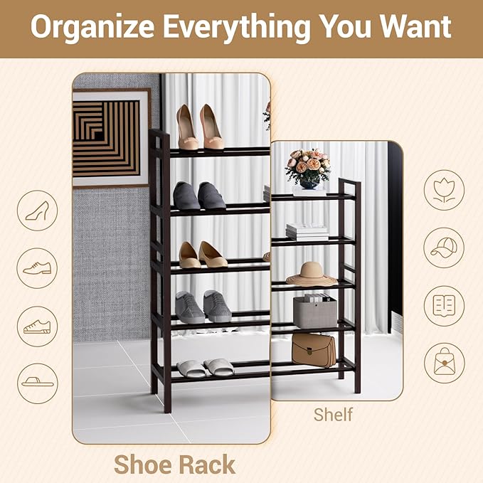 Haddockway Bamboo Shoe Rack for Closet, Free Standing Shoe Organizer with Smooth Round Rods & Convenient Handles, Stackable Shoe Storage Shelf for Entryway, Hallway(Brown, 5-Tier(Small))