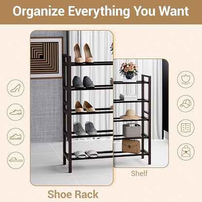 Haddockway Bamboo Shoe Rack for Closet, Free Standing Shoe Organizer with Smooth Round Rods & Convenient Handles, Stackable Shoe Storage Shelf for Entryway, Hallway(Brown, 5-Tier(Small))