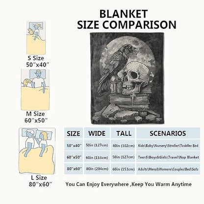 Gothic Skull Blanket,Goth Black Raven Spooky Throw Blankets,Gifts for Women Men, Lightweight Soft Fleece Cozy,for Sofa Couch Bed Room Travel,Festival Halloween Aesthetics Decor,50x60in