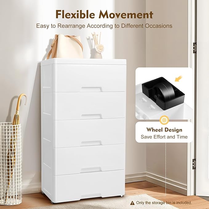 Plastic Dresser for Bedroom with 5 Drawers,Stackable Vertical Storage Tower, Small Dresser Chest of Drawers, Mobile Drawer Storage Cabinet with Wheels for Hallway Entryway,Bedroom Furniture (White)