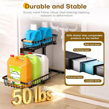 Under Sink Organizer, Heavy-Duty & Rust-Resistant Carbon Steel Metal, 2 Tier Pull Out Under Bathroom Sink Storage, Adjustable Height (13.8" -16.9"), Organizer for Kitchen Cabinet(2PCS,Black)