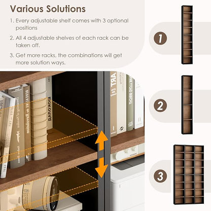 FOTOSOK 2 Pcs 71'' Tall Narrow Bookshelf, 8-Tier Media Tower Rack Set of 2, CD DVD Storage Cabinet with Adjustable Shelves, Tall Narrow Bookcase Skinny Display Bookshelf Slim Shelf, Black/Brown