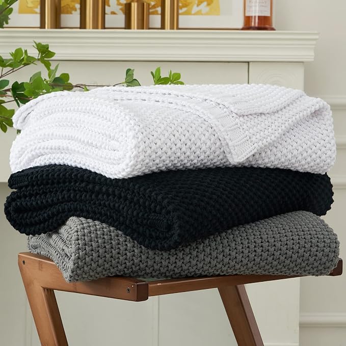 Chunky Cable Knit Throw Blanket Lightweight White 100% Organic Cotton Blanket for Sofa Couch Bed Baby Nursery, Rustic Shabby Chic Modern Farmhouse, Pure White 60” x 80” Give Laundering Bag
