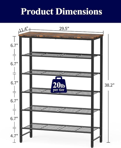 Kitsure Shoe Rack for Closet, Rustic Brown Shoe Organizer with Leveling Feet, Sturdy & Rust-Proof Shoe Storage for Entryway, Bedroom, Living Room, 29.5" x 11.4" x 38.2", Brown