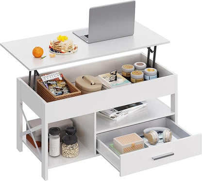WLIVE Coffee Table, 39" Lift Top Coffee Table with Hidden Compartment, Storage Drawers and Storage Shelf for Living Room, Reception Room, White
