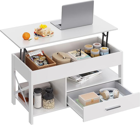 WLIVE Coffee Table, 39" Lift Top Coffee Table with Hidden Compartment, Storage Drawers and Storage Shelf for Living Room, Reception Room, White