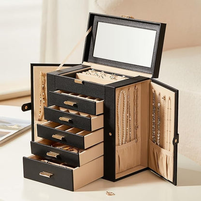 Large Leather Jewelry Box Organizer 6 layer Jewelry Storage Case for Women Girls Ring Necklace Earring Bracelet Holder with Mirror Christmas Gift(Black)