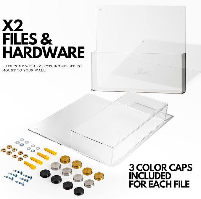 Premium Clear Acrylic Wall File Organizer 2-Pack | Mail Holder Wall Mount | Office Document Sorter with 3 Screw Cap Colors