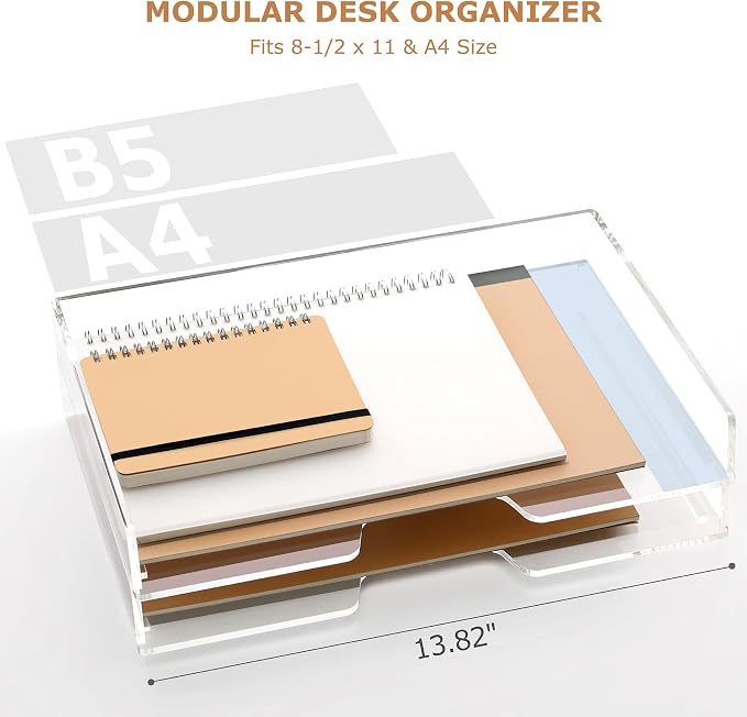 SANRUI Clear Acrylic Paper Tray, 4 Tier Stackable Letter Tray Desk Organizer with Curved Design, Oversized Document File Holder for Home Office Classroom Desktop Storage