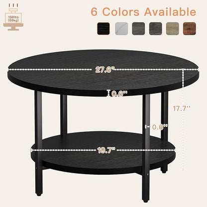 Coffee Table, 27.6“ Circle Coffee Tables for Living Room, 2 Tier Round Coffee Table with Storage, Wood Accent Center Floor Table for Bedroom, Industrial Home Office, Black (27.6" D x 17.7" H)