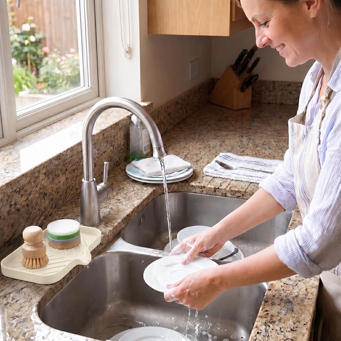 MicoYang Silicone Soap Dish with Drain Spout — Self-Draining Sink Organizer Tray for Bathroom & Kitchen, Sponges, Dispensers & Soap Holder, Non-Slip & Dishwasher Safe, Tapioca (Medium, 9.6"×5.3")