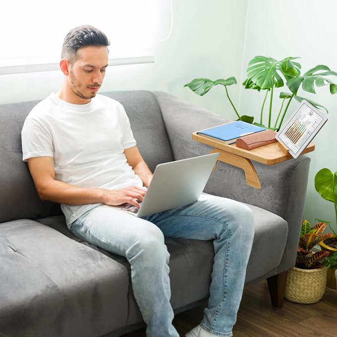 SINWANT Couch Arm Tray,Bamboo Sofa Clip on Side Table,Foldable Couch Armrest Table with 360°Rotating Phone Holder,Anti Slip Food Trays for Eating/Drinks/Snacks/Remotes 15.35" x 9.85"
