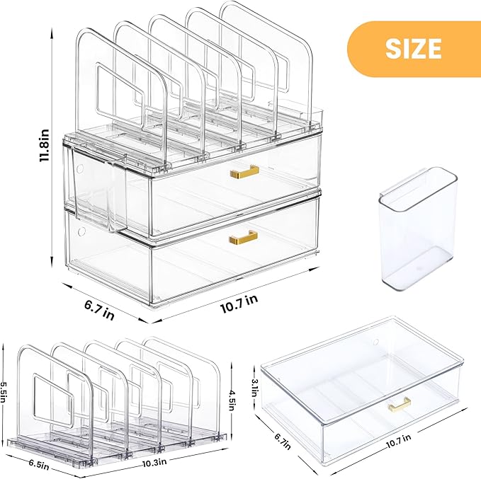Acrylic Desk Organizer with Drawer, Office Supplies,Organization Storage, 2 PC Drawer Organizer with 4 File Sorter, Desk Organizers and Accessories, Clear Acrylic File Organizer