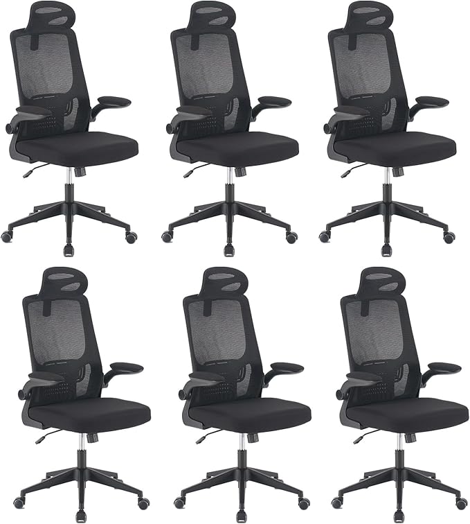 Office Computer Desk Chair, High Back Mesh Home Office Conference Room Chairs with Adjustable Headrest, Flip-Up Arms, Comfortable Lumbar Support, Black (Set of 6)