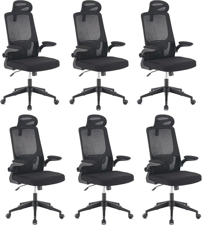 Office Computer Desk Chair, High Back Mesh Home Office Conference Room Chairs with Adjustable Headrest, Flip-Up Arms, Comfortable Lumbar Support, Black (Set of 6)