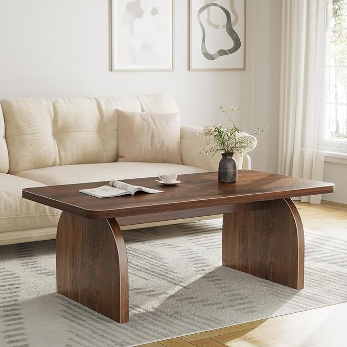 Farmhouse Coffee Table for Living Room - Dark Wood Rustic Rectangle Coffee Table Walnut, Solid Wooden Brown Center Table