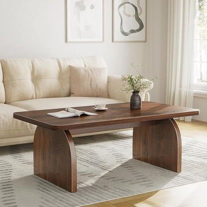 Farmhouse Coffee Table for Living Room - Dark Wood Rustic Rectangle Coffee Table Walnut, Solid Wooden Brown Center Table