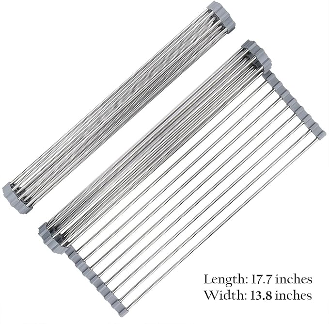 Hhyn Roll-Up Sink Drying Rack 17.7"(L) x 13.8"(W) - Multipurpose Heat Resistant Over The Stainless Steel & Silicone Dish Rollable Kitchen Drainer, Gray
