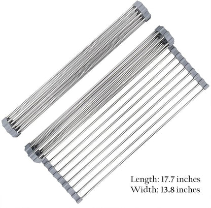 Hhyn Roll-Up Sink Drying Rack 17.7"(L) x 13.8"(W) - Multipurpose Heat Resistant Over The Stainless Steel & Silicone Dish Rollable Kitchen Drainer, Gray