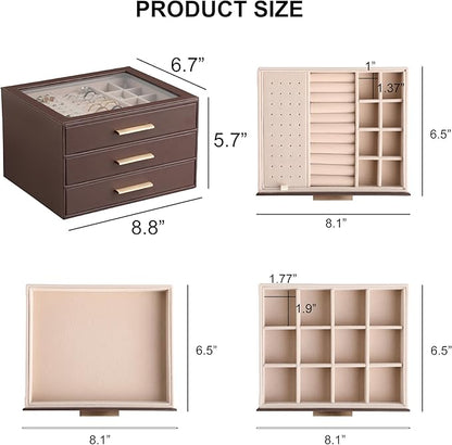 Frebeauty Clear Lid Jewelry Box,3-Layer Jewelry Organizer with Drawer,PU Leather Jewelry Organizers and Storage,Jewelry Boxes for Women,Jewelry Storage for Rings Earring Stud,Gift for Women(Brown)