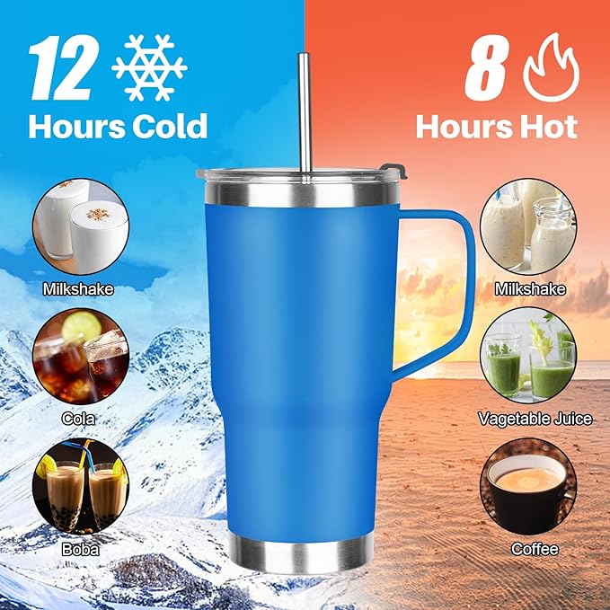 20 oz Tumbler with Handle, Stainless Steel Insulated Tumbler with Lid and Straw, Double Wall Vacuum Coffee Mug Tumbler, Insulated Coffee Thermal Cup for Cold and Hot (Sea Blue)