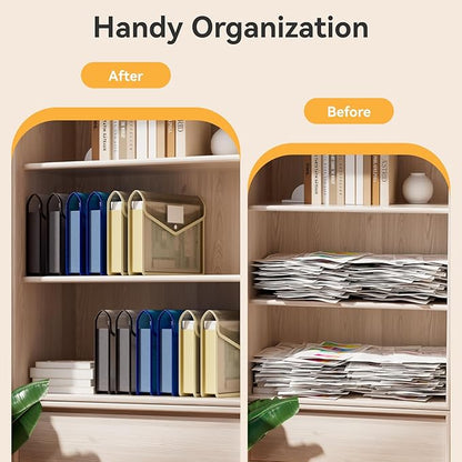 ABC life 6 Pack Plastic Expanding File Folder, Transparent envelopes with Snap Closure, No Dividers, Large Capacity, Assorted Colors, Fit Letter/A4 Size (Black+Blue+Tea Grey)