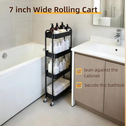 LIWNYRK 4 Tier Slim Storage Cart with Wheels for Laundry Room Between Washer and Dryer, 7.1'' Narrow Rolling Cart with Wheels and Lockable Casters, Metal Thin Standing Shelf for Small Space, Black