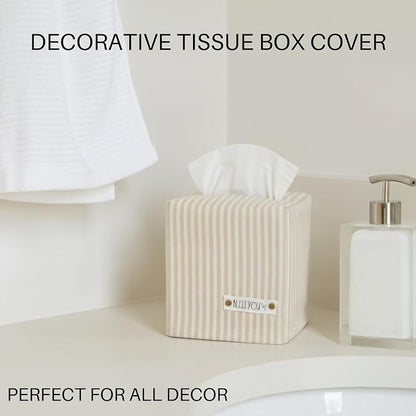 Stylish Tissue Box Cover - This Beige Striped Linen Holder Instantly Covers Your Square Tissue Boxes - The Perfect Cube Cover for Your Bathroom and Home