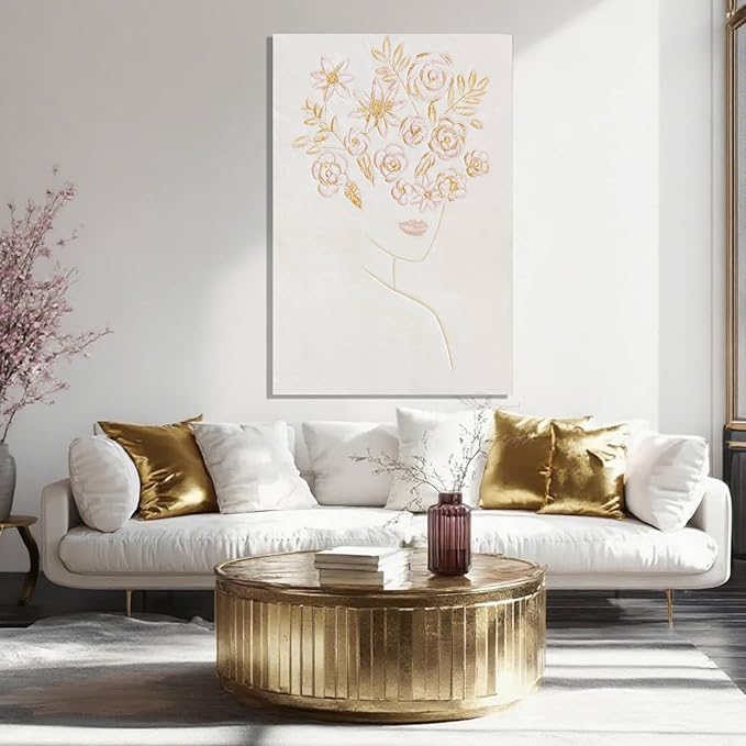 Framed Minimalist Wall Art, Beautiful Woman with Pink Flowers, Abstract Wall Art for Living Room, Aesthetic Posters for Room, Office Wall Decor for Women, 24" x 36"