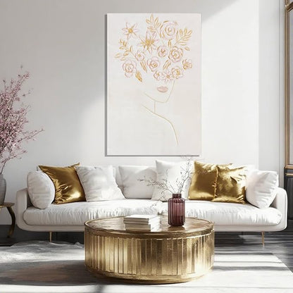 Framed Minimalist Wall Art, Beautiful Woman with Pink Flowers, Abstract Wall Art for Living Room, Aesthetic Posters for Room, Office Wall Decor for Women, 24" x 36"