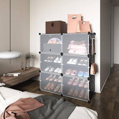 ROJASOP 6-Tier 24-Pair Expandable Shoe Rack Organizer with 2 Hooks, Black