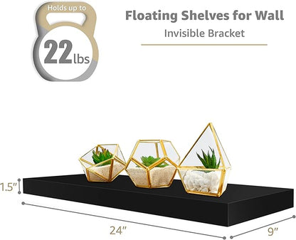 Sorbus Floating Shelves for Wall - 24" Bathroom Shelves, Wall Decor for Bedroom, Kitchen, Living Room, Home Decor & Book Storage - Mounted Floating Shelf with Invisible Brackets (Black, 4 Pack)