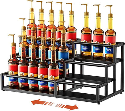 Nuovoware Expandable Coffee Syrup Organizer, 3-Tier Syrup Rack Holds 15-24 Bottles, Adjustable Width Carbon Steel Coffee Bar Organizer for Countertop Kitchen Bar, Liquor Dressing Seasoning, Black