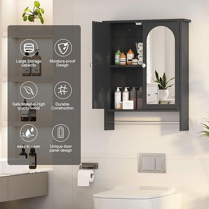 Bathroom Medicine Cabinet Mirror,Arched Bathroom Cabinet with Mirror,Surface Mount Medicine Cabinet Wall Mounted,Mirrored Medicine Cabinets with Towel Bar,Black Wall Cabinet 22x28