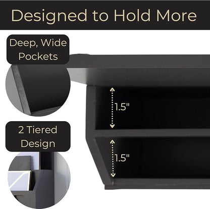 BLU MONACO | Wall-Mounted Mail and Key Holder in Grey Wood | Two-Tier Mail Organizer with Gold Hooks | Entryway Command Center for Home or Office
