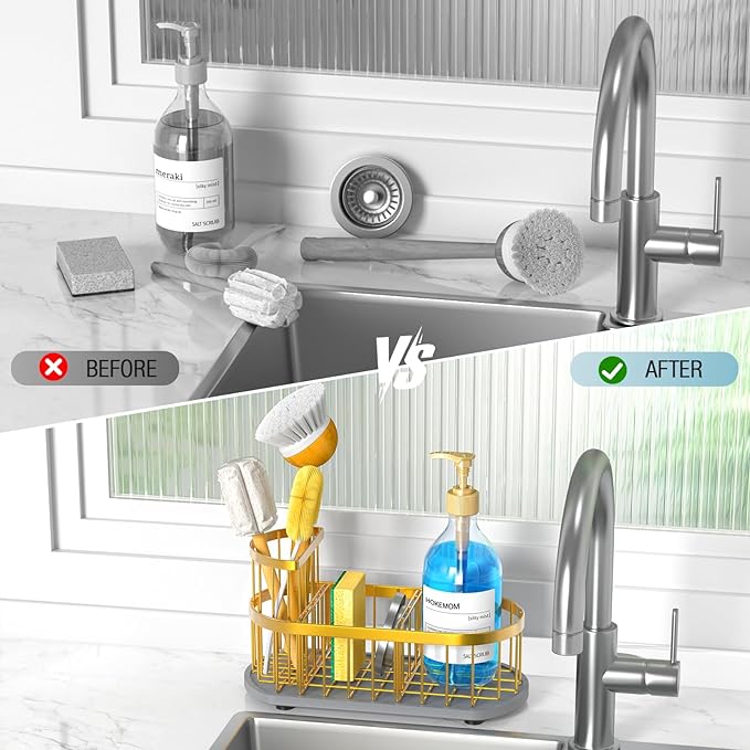 HOKEMOM Gold Sponge Holder for Kitchen Sink,Sink caddy organizer - 2.6mm Thick 304 Stainless Steel Caddy with Rust-Proof Coating, Non-Slip No-Drain Base. Dimensions: 9.84" x 4.72" x 5.83"
