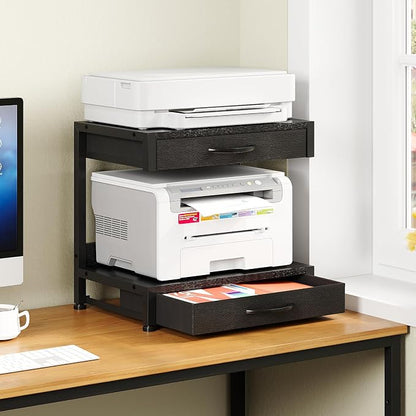 VENNQD 2-Tier Desktop Printer Stand with 2 Fabric Drawers, Prtiner Table with Storage Shelf, Desk Organizer for Home Office,3D Printer,Fax Machine,Scanner (Black, 2 Tier)