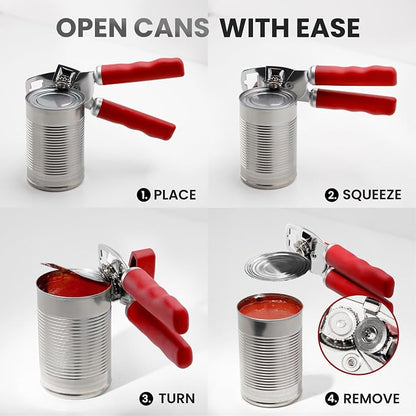Zulay Kitchen Heavy Duty Stainless Steel Can Opener Manual with Bottle Opener - Rust Proof Manual Can Opener With Turn Knob & Comfy Soft Grip Handles - Cherry Red