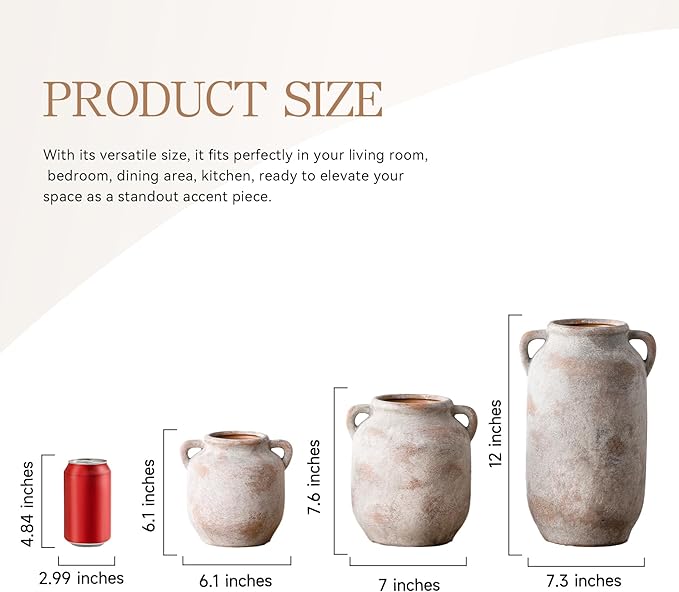 Ceramic Flower Vase Home Decor - Farmhouse Rustic Table Vases with Handle Living Room Decoration Decorative Vintage Pottery for Kitchen Shelf Coffee Dining Bookshelf Fireplace Centerpiece (6" Retro)