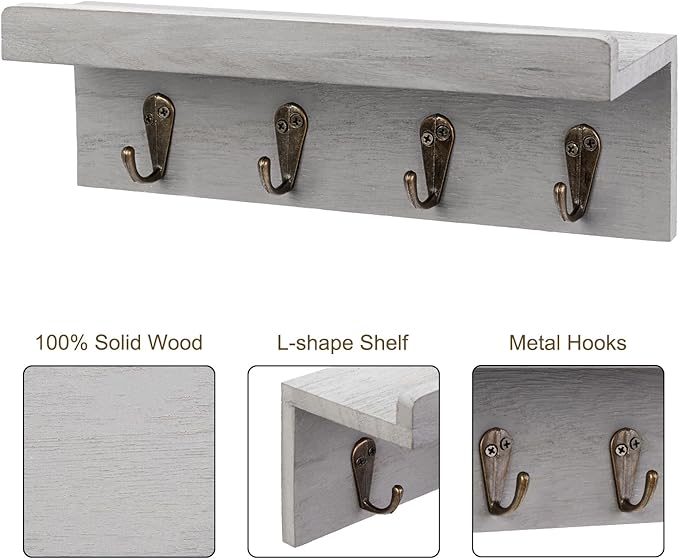 Rustic Key Holder for Wall, Farmhouse Wall Shelf with 4 Hooks, Wall Mounted Key Racks, Wooden Mail Organizer with Hooks for Entryway (Grey)