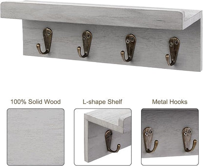Rustic Key Holder for Wall, Farmhouse Wall Shelf with 4 Hooks, Wall Mounted Key Racks, Wooden Mail Organizer with Hooks for Entryway (Grey)