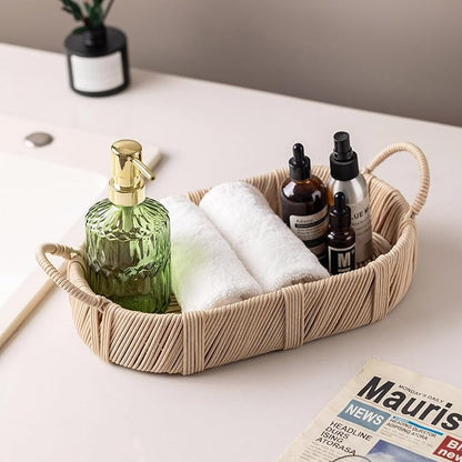 Hand-Woven Rattan-Style Storage Basket with Handles, Beige Oval Organizer Tray for Bathroom Kitchen Living Room | Fruit, Snack, Cosmetic & Toiletries Organizer | Decorative Multi-Purpose Basket