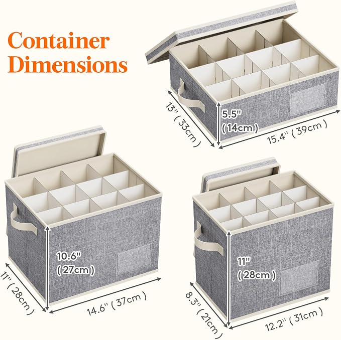 Lifewit 3 Pcs of Mug, Champagne and Wine Glass Storage Box with Dividers, Stackable Cationic Hard Shell Stemware Organizer with 36 Cells, Foldable Dustproof China Containers for Moving, Light Grey